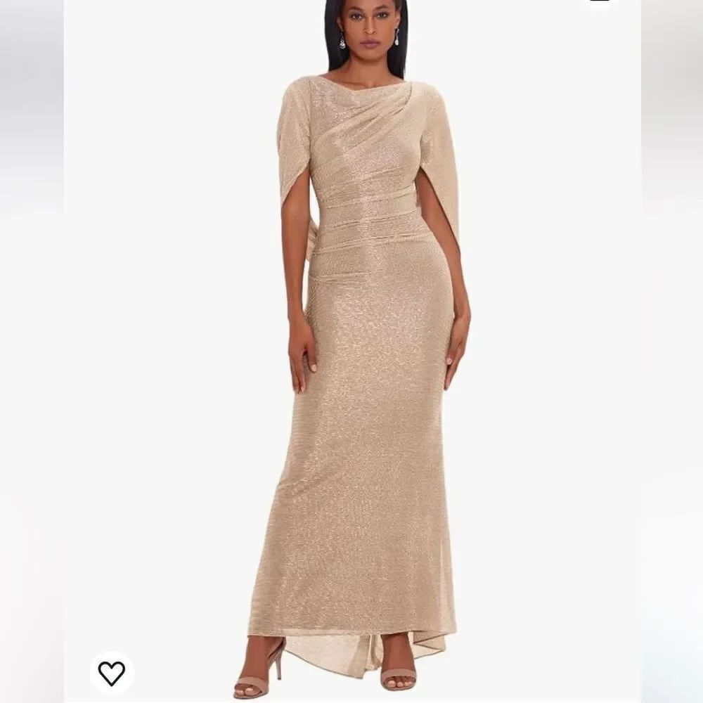 Betsy & Adam Women's Long Stretchy Metallic Cowl Neck Drape Back Dress